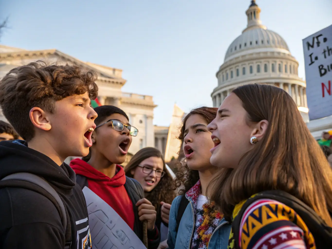 A photograph showcasing a group of young adults participating in a ULR-sponsored debate, highlighting the organization's focus on youth involvement and political discourse.